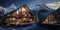 Modern wooden chalet houses with snow and mountains on ski resort in cold evening.Macro.AI Generative