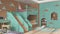 Modern wooden children bedroom in turquoise and pastel tones, bunk bed with ladder and slide, parquet floor, desk with chair and