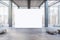 Modern wooden and concrete gallery interior with empty white mock up billboard, columns, window with city view and daylight.