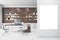 Modern wooden and concrete office interior with empty white mock up poster on wall, furniture, bookshelves with books. Work and