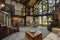 Modern wooden cottage house interior with living room close up