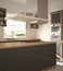 Modern wooden and gray kitchen with island, gas stove and sink, parquet herringbone floor, architecture minimalistic interior desi