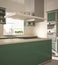 Modern wooden and green kitchen with island, gas stove and sink, parquet herringbone floor, architecture minimalistic interior