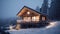 Modern wooden house in the mountain decorated Christmas illumination. AI Generative.
