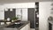 Modern wooden kitchen with wooden details, close up, gas stove w