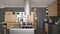 Modern wooden kitchen with wooden details, close up, gas stove w
