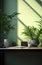 Modern wooden office desk in a sunny room with a window showcasing lush green plants, AI-generated