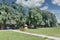 Modern wooden recreational houses on the riverbank