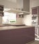 Modern wooden and red purple kitchen with island, gas stove and sink, parquet herringbone floor, architecture minimalistic interio