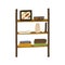 Modern wooden shelf for home items storage. Trendy furniture with vases, pots, pictures, books for living room interior