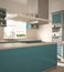 Modern wooden and turquoise kitchen with island, gas stove and sink, parquet herringbone floor, architecture minimalistic interior