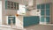 Modern wooden and turquoise kitchen with island, stools and windows, parquet herringbone floor, architecture minimalistic interior