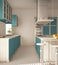 Modern wooden and turquoise kitchen with island, stools and windows, parquet herringbone floor, architecture minimalistic interior