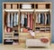 Modern wooden wardrobe with clothes hanging on rail in walk in closet design interior