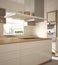 Modern wooden and white kitchen with island, gas stove and sink, parquet herringbone floor, architecture