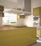 Modern wooden and yellow kitchen with island, gas stove and sink, parquet herringbone floor, architecture minimalistic interior de