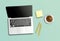 modern workplace, laptop, coffee, notepad