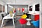 modern workspace with sleek furniture and bold pops of color