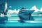 Modern yacht sailing on azure sea and tropical island, illustration AI