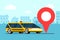 Modern yellow car near geotag gps location pin icon on cityscape road. Online navigation application order taxicab