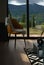 Modern yellow dining chair in modern interior with mountain view with copy space