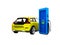 Modern yellow electric car with column for refueling electricity