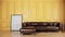 Modern yellow living room interior with leather sofa and vertical blank frame