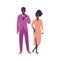 Modern young dark skin couple wearing formal official outfit. Stylish woman, holding papers, and man posing in pink