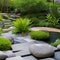 A modern, Zen-inspired garden with a koi pond, stone pathways, and lush greenery5, Generative AI