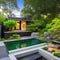 A modern, Zen-inspired garden with a koi pond, stone pathways, and lush greenery5, Generative AI