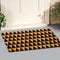 Modern zig-zag patterned colorful welcome zute doormat outside home with yellow flowers and leaves