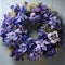 Modernism Performance: Iris Wreath With Purple Flowers And Feathers