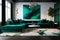 Modernist Emerald and Grey Living Room Interior Design with Abstract Painting,