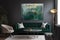 Modernist Emerald and Grey Living Room Interior Design with Abstract Painting,