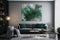 Modernist Emerald and Grey Living Room Interior Design with Abstract Painting,