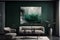 Modernist Emerald and Grey Living Room Interior Design with Abstract Painting,