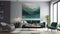 Modernist Emerald and Grey Living Room Interior Design with Abstract Painting,