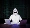 Modernized hacker with hoodie. Concept of dark web, cybercrime, cyberattack. AI generated image
