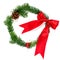 A modest Christmas wreath of fir branches with a pine cone and a red ribbon on a white background