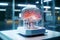 Modified brain behind transparent glass in a futuristic laboratory background. Concept of biohacking, bioengineering,