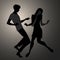 We are Mods. Silhouettes of couple wearing retro clothes in the 1960s Mod style dancing