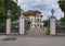 MOGLIANO VENETO. ITALY. JULY 2, 2017: A nice look at Hotel Villa Stucky, with high white-red pillars at the entrance in