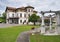 MOGLIANO VENETO. ITALY. JULY 2, 2017: A nice look at Hotel Villa Stucky, with high white-red pillars at the entrance in