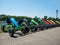 Mogosoaia/Romania - 07.29.2020: Go-karts with pedals and wheels for rent.. Many aligned colored carts