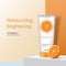 Moisturizing brightening cream. Cleansing tube of cosmetic cream with orange extract and vitamin C, orange slices.