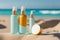 Moisturizing oils, cream and lotions for sunbathing is on the background of the sea. Generative AI