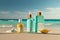 Moisturizing oils and lotions for tanning on a beach against the sea