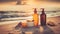 Moisturizing oils and lotions for tanning on a beach against the sea