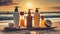 Moisturizing oils and lotions for tanning on a beach against the sea