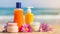 Moisturizing oils and lotions for tanning on a beach against the sea